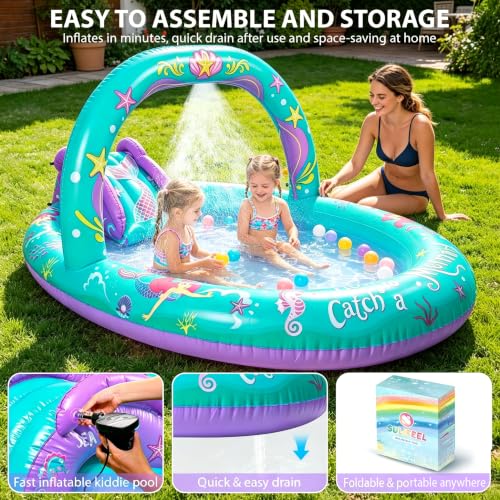 SULIFEEL 2026 Inflatable Mermaid Play Center Kiddie Pool with Slide and Sprinkler for Children, Summer Splashing Baby Pool for Backyard and Garden 96"x59"39"