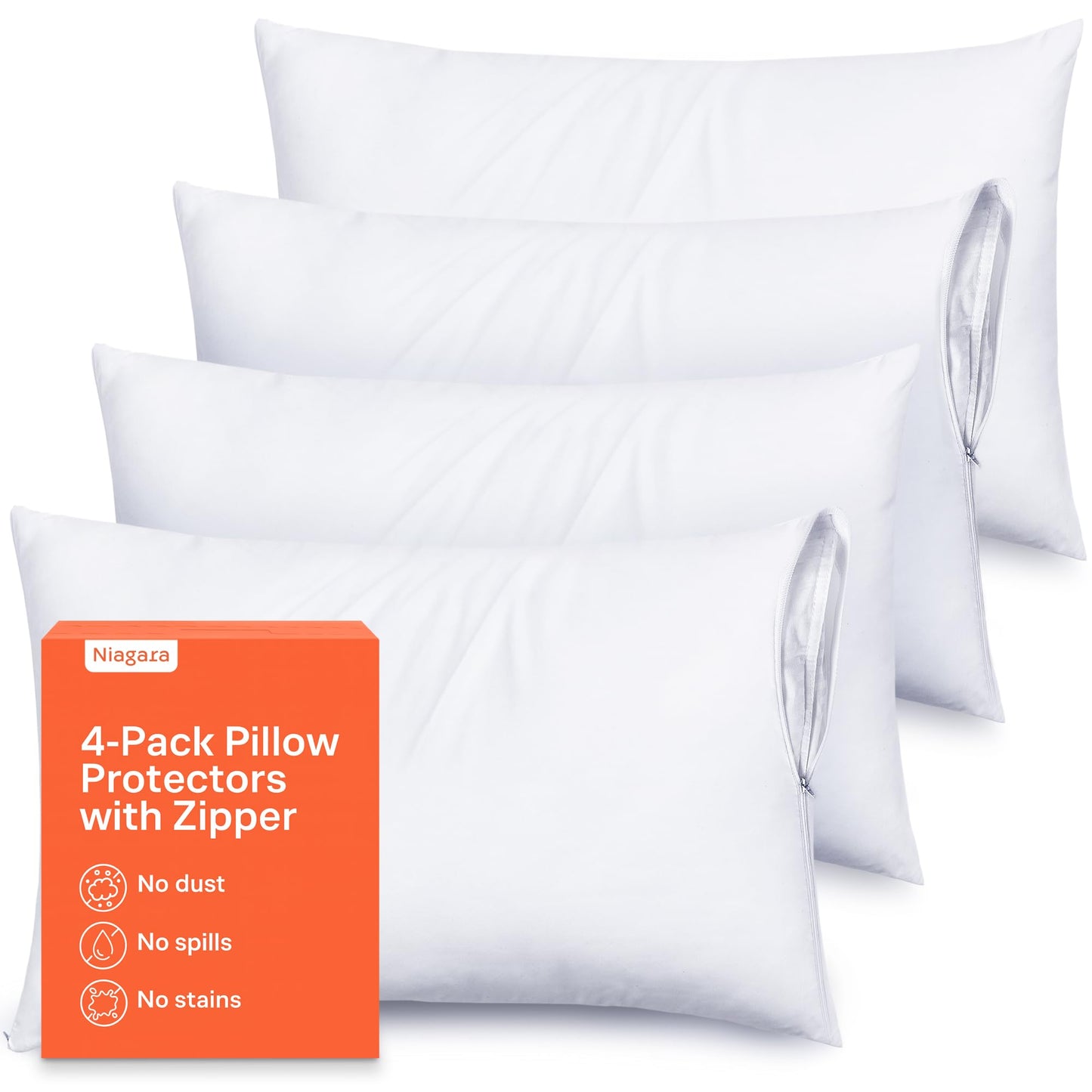 Ultra Soft Pillow Protectors with Zipper Standard Size - Set of 4 Breathable Pillow Covers - 100% Protection Against Stains, Dust & Dirt - Machine Washable (White)