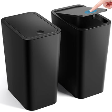 Bathroom Trash Can with Lid, 2 Pack 4 Gallons/15 Liters Garbage Can with Pop-Up Lid, Small Plastic Trash Can, Slim Trash Bin Waste Basket