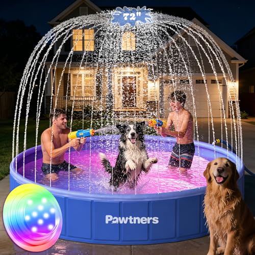 Pawtners Foldable Dog Pool with Sprinkler & RGB LED Light, 72" Collapsible Hard Plastic Swimming Pool for Small Large Dogs Cats and Kids, Portable Pet Bathing Tub Wading Pool for Backyard Camping Blue
