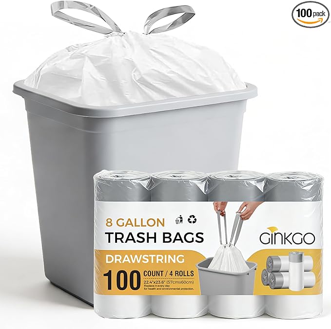8 Gallon Trash Bags with Drawstring, 30 Liter Medium Garbage Can Liners, Leak-Proof Bathroom Trash Bags for Waste Baskets, Office & Bedroom Trash Cans, 100 Count
