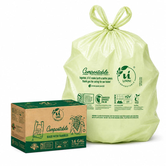 UNNI 1.6 Gallon Compostable Trash Bags with Tie Handles, 50 Count Small Food Scrap Kitchen Compost Bags for Countertop Bin, Certified by BPI, CMA & OK compost HOME, Meets ASTM D6400