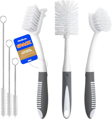 Holikme 6 Pack Dish Brush Set with Bottle Brush, Dish Scrub Brush, Pan Brush and 3 Straw Brushes, Deep Cleaning Handle Brush with Scraper Tip