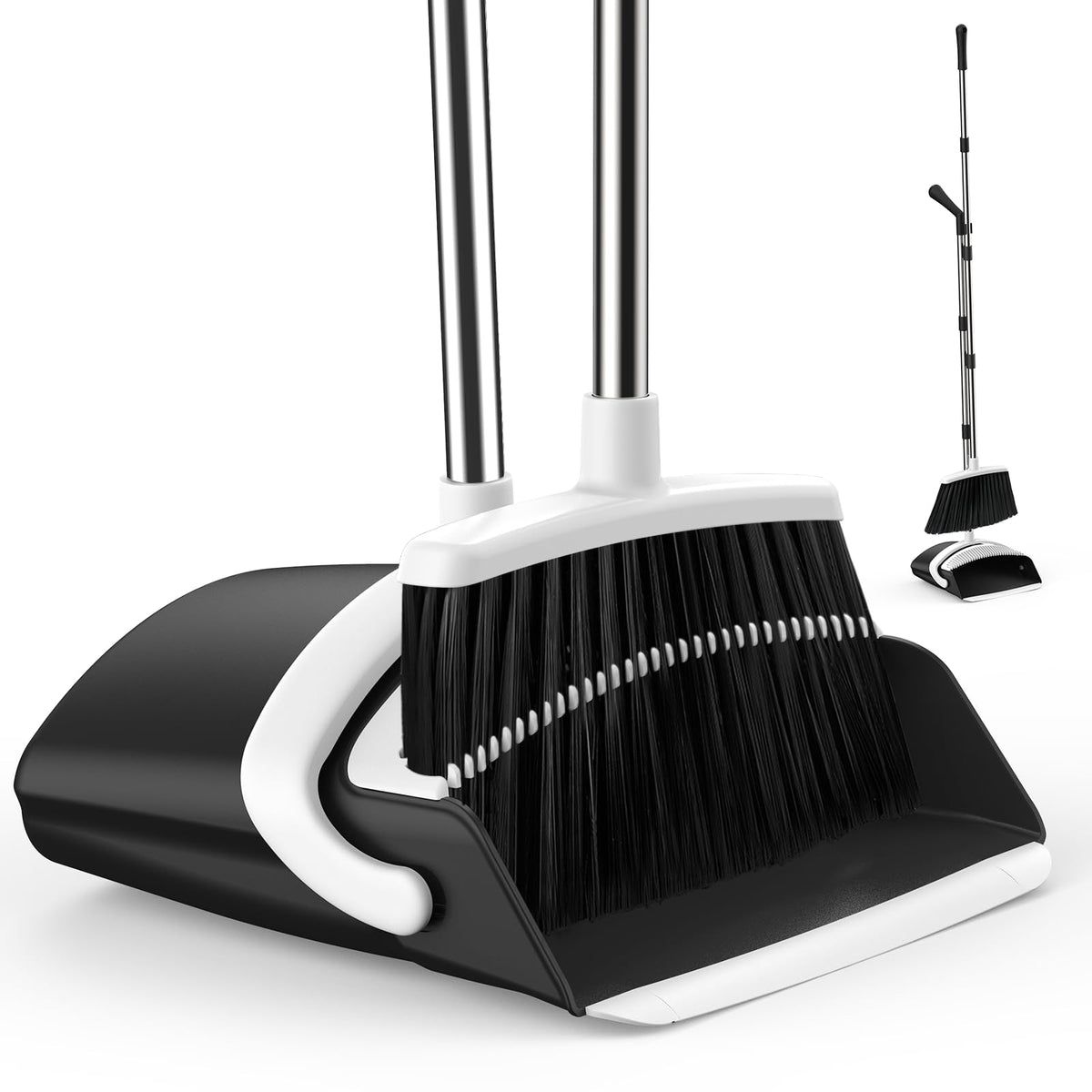 Broom and Dustpan Set for Home, 51-in Long Adjustable Handle Angle Broom and Dustpan Combo Set with Dust Pan Teeth to Clean Hair for Home Kitchen Office Lobby Floor Garden (Black&White)