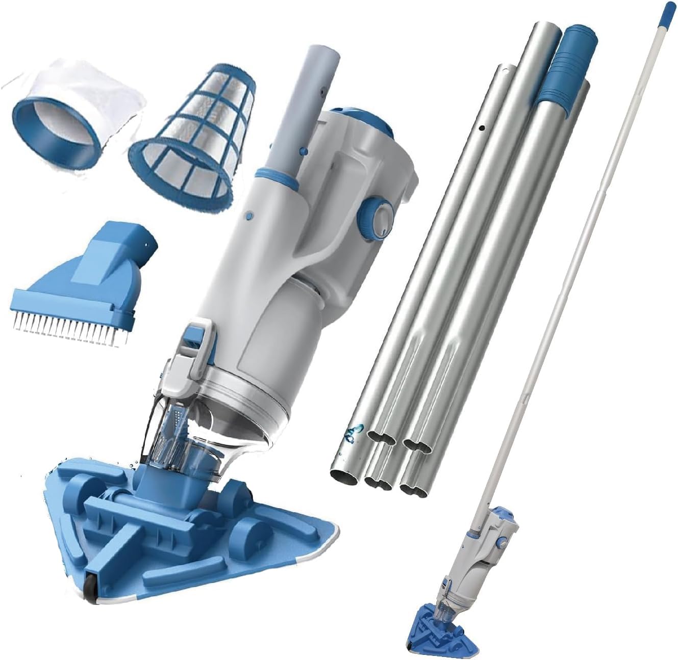 KOKIDO Rechargeable Cordless Pool Vacuum for Above Ground Pool and Pond Cleaner, 72” Aluminum Pole, Standard & Fine Filters, 2 Brush Vac Heads, Handheld Pool Cleaner Spot Clean Inground Pools XV320