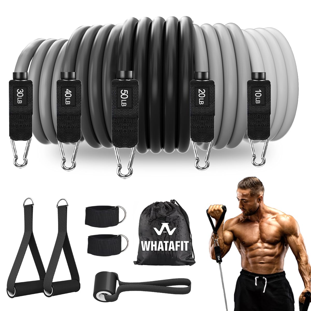 WHATAFIT Resistance Bands, Exercise Bands, Workout Bands with Handles, Door Anchor and Ankle Straps, 5 Resistance Levels Fitness Bands for Strength Training, Physical Therapy, and Home Gym Equipment