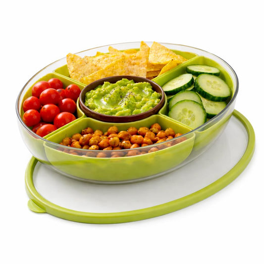 Divided Serving Tray with Lid, 5 Removable Compartments Snack & Veggie avocado shaped Tray with Center Dip Bowl, Portable Food Storage Container for Fruit, Charcuterie, Travel, Work & Parties