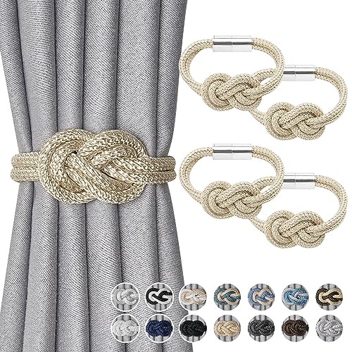 NICEEC 4 Pack Mini Magnetic Curtain Tiebacks Nordic Simple Style Drape Tie Backs Elegant Hand Weave Rope Knot Decorative Curtain Holdbacks for Home & Office Thin Window Drapery (Beige)