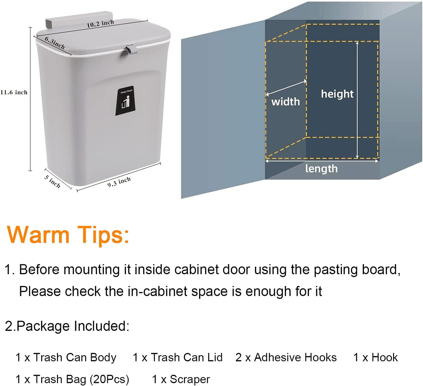 Tiyafuro 2.4 Gallon Kitchen Compost Bin for Counter Top or Under Sink, Hanging Small Trash Can with Lid for Cupboard/Bathroom/Bedroom/Office/Camping, Mountable Indoor Compost Bucket, Gray