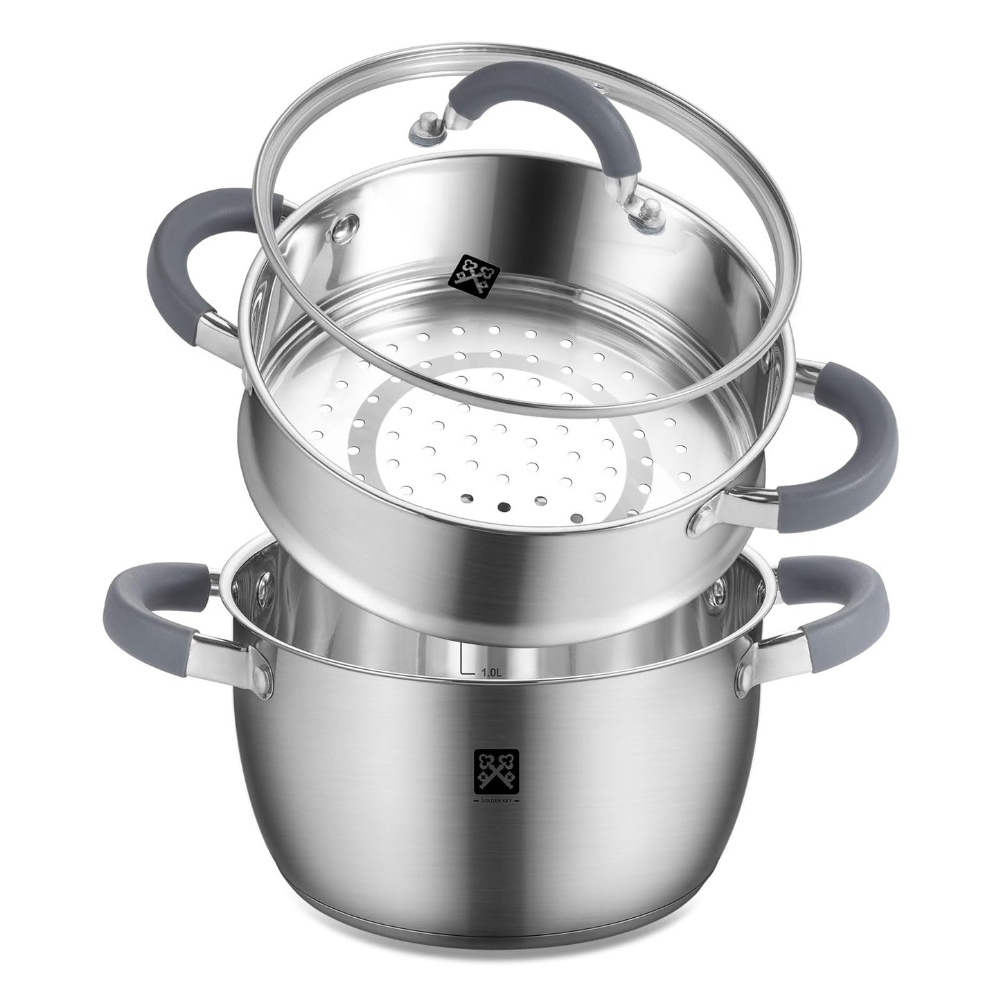 GOLDEN KEY 3.2 QT Steamer Pot With Lid - 2-Tier 18/8 Stainless Steel，Multipurpose Steaming Cookware with Vegetable Steam Basket, Oven & Dishwasher Safe, Triple Bottom for Even Heating, Perfect for Dumplings, Seafood and Vegetables