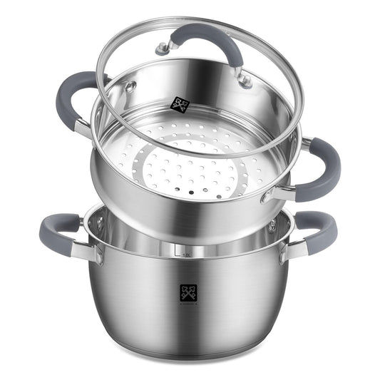 GOLDEN KEY 3.2 QT Steamer Pot With Lid - 2-Tier 18/8 Stainless Steel，Multipurpose Steaming Cookware with Vegetable Steam Basket, Oven & Dishwasher Safe, Triple Bottom for Even Heating, Perfect for Dumplings, Seafood and Vegetables