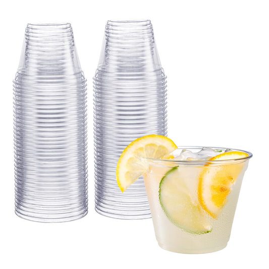 GUSTO [9 oz - 100 Count Clear Plastic Cups, Sturdy & BPA-Free Disposable Cups for Parties, Cocktails, Wine, Smoothies & Cold Beverages – Crystal-Clear, Durable, and Food Safe - Formerly Comfy Package