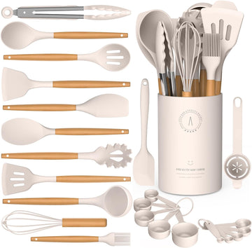Silicone Cooking Utensils Set - Avgpd Silicone Kitchen Utensils for Cooking Wooden Handles