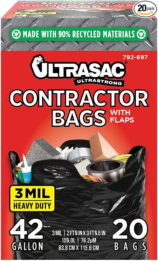 Ultrasac Contractor Bags 42 Gallon (20 PACK/w FLAP TIES), 32.75 x 44.5-3 MIL Thick Large Black Heavy Duty Industrial Garbage Trashbags for Professional Construction and Commercial use