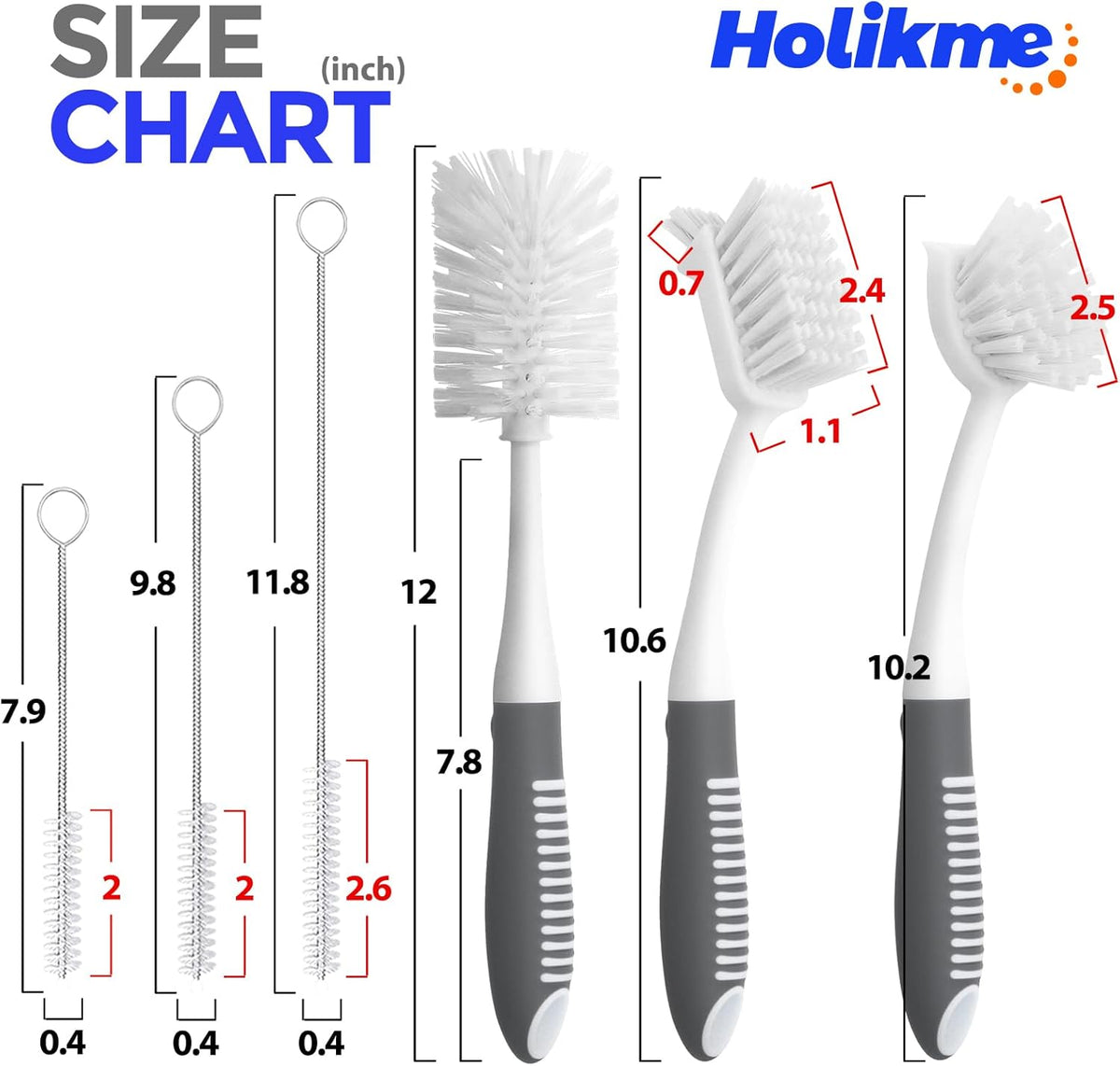 Holikme 6 Pack Dish Brush Set with Bottle Brush, Dish Scrub Brush, Pan Brush and 3 Straw Brushes, Deep Cleaning Handle Brush with Scraper Tip