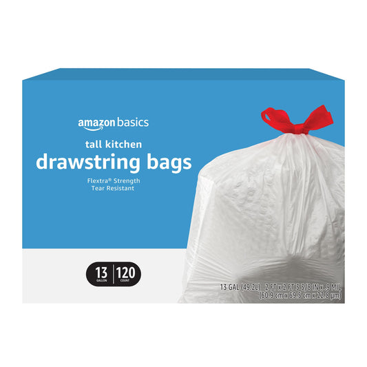 Basics Flextra Tall Kitchen Drawstring Trash Bags, 13 Gallon, 120 Count