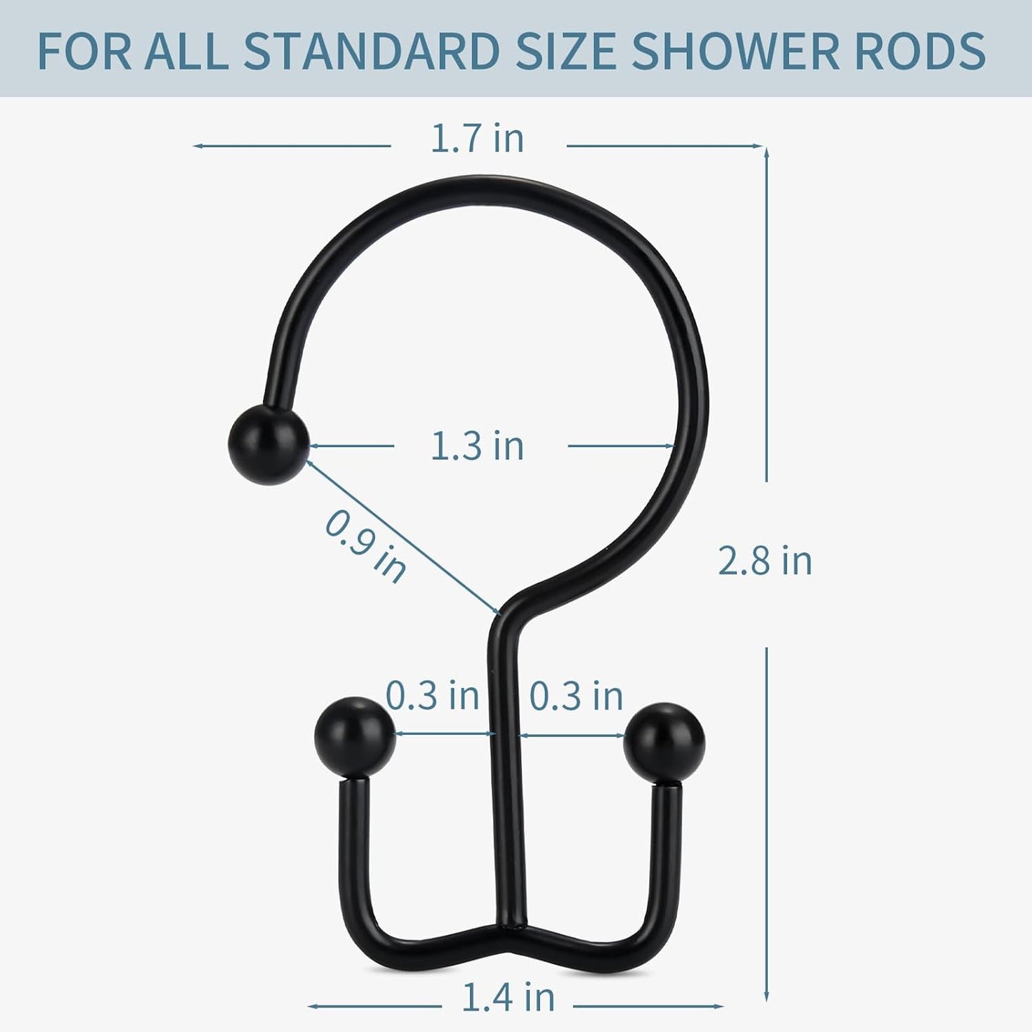 Goowin Shower Curtain Hooks, 12 Pcs Shower Curtain Rings, Durable Rust Proof Black Shower Curtain Hooks, Shower Rings for Curtain, Double Glide Shower Hooks for Shower Curtain Rods, Black
