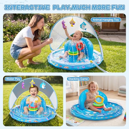 Baby Splash Pad, Inflatable Baby Pool Float with Canopy, Splash Pad with Stackable Rings & Hanging Toys for Toddlers, Baby Pool Sprinkler, Outdoor Water Play Toys for Boys Girls
