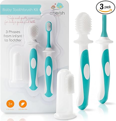 Cherish Baby Care Baby Toothbrush & Toddler Toothbrush Set (0-2 Years) - BPA-Free & Safety-Tested, 2023 Award Winner, Food-Grade Silicone (Teal)