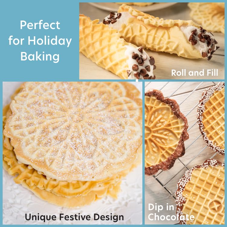 Pizzelle Maker- Non-Stick Electric Baker Press Makes Two 5-Inch Cookies at Once, Even Heating Plates- Must Have Party Baking Supplies- Italian Dessert Treat Making with Recipe Guide- Gift for Her