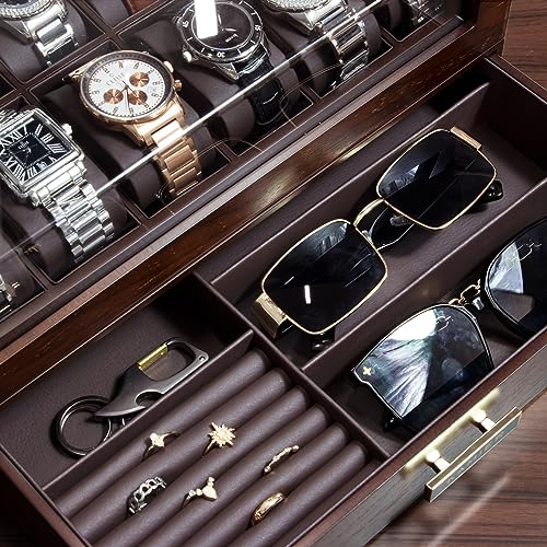 High End Watch Box for Men, 12 Slot Wooden Watch Case With Drawer, Watch Display Box with Glass Lid, 2-Layer Watch Holder for Jewelry and Watch Storage for Men Women , Ideal for Gift (With Gift Box)