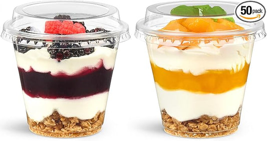 50 Pack 9 oz Plastic Dessert Cups with Lids, Small Plastic Yogurt Parfait Cups, Mini Round Party Serving Cup for Pudding, Fruit, Cake, Appetizer, Dessert Shot Glasses