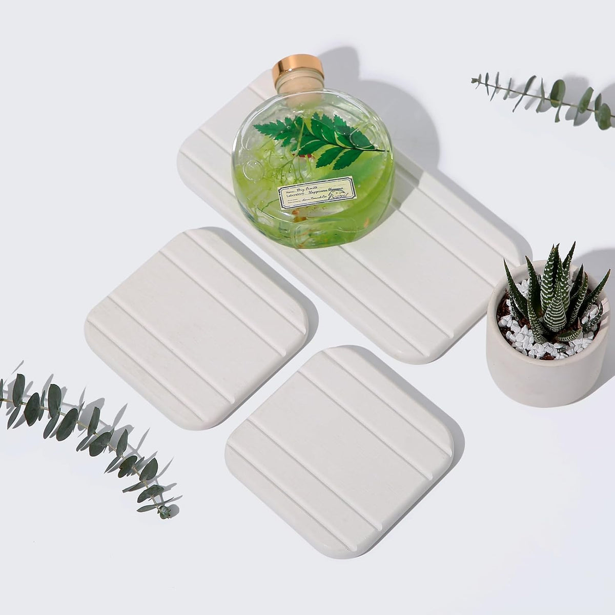 3PCS Water Absorbing Diatomaceous Earth Tray for Sink, Fast Drying Soap & Toothbrush Holders for Bathroom Counter, 1 Stone Tray, 2 Stone Coasters