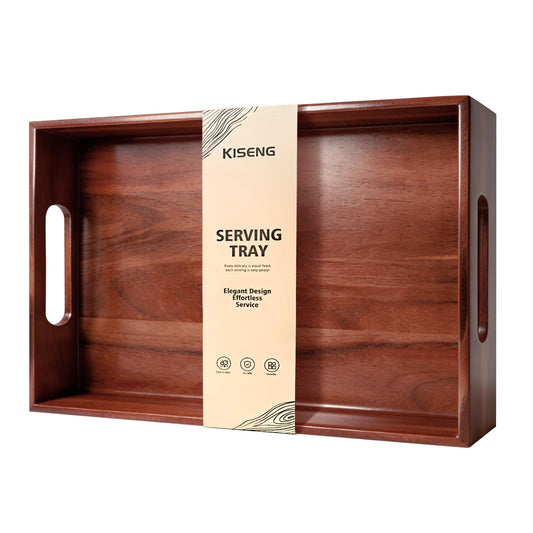 Acacia Wood Serving Tray with Handles, 17 x 12 Inch Large Wooden Tray for Food & Drinks, Coffee Table, Ottoman, Breakfast in Bed – Includes Free Leather Mat