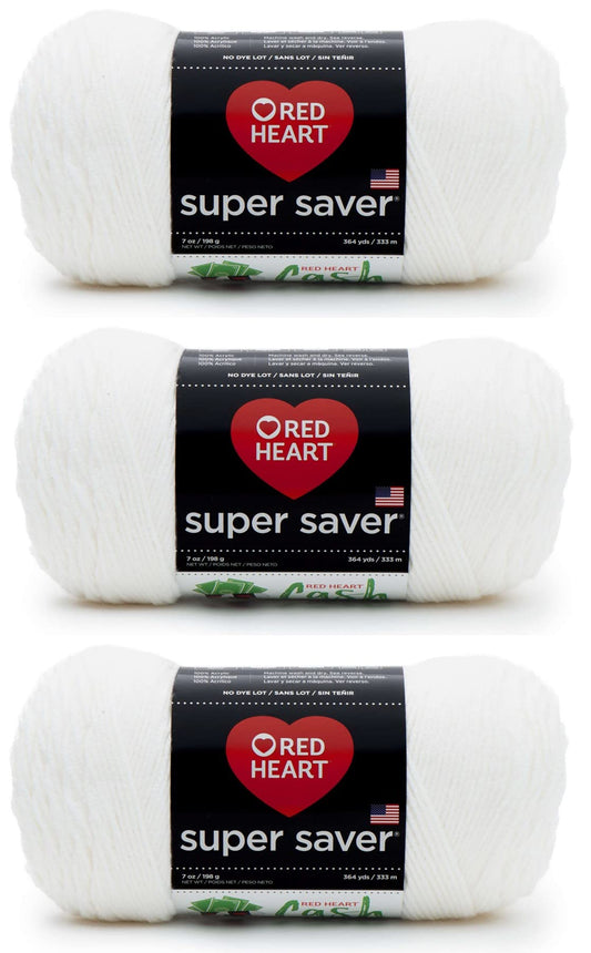 Red Heart Super Saver White Yarn - 3 Pack of 198g/7oz - Acrylic - 4 Medium (Worsted) - 364 Yards - Knitting/Crochet
