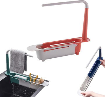 Telescopic Sink Storage Rack, 2-in-1 Adjustable Drainer with Sponge Holder, Expandable Kitchen Sink Organizer with Dishcloth Hanger and Bracket