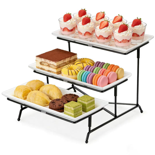 3 Tier Serving Tray, 12" White Plastic Tiered Food Serving Platters, Reusable Tray Stand Black Collapsible Metal Stand with Stable Cross Bars, Party Display Stands for Veggie Fruit, Dessert