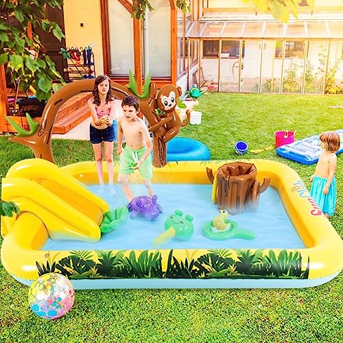 Inflatable Jungle Animal Play Center Outdoor Playhouse Inflatable Water Park with Kid Pool Slide, Sprinkler Toy with Base Pool, Monkey, Tree Stump for Garden Backyard