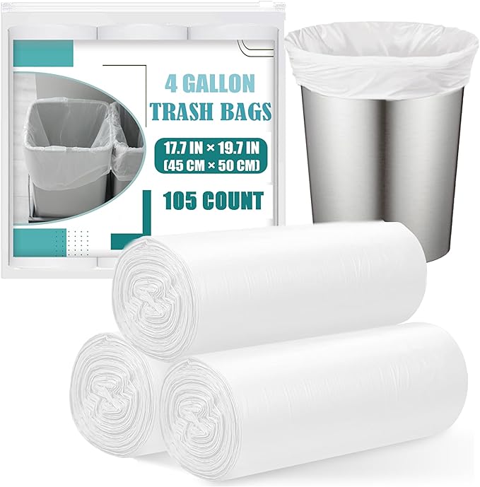 Small Trash Bags 4 Gallon - 105 Count 4 Gallon Trash Bag, Unscented Small Garbage Bags Bathroom Trash Bags, White 4 Gal Small Trash Can Liners