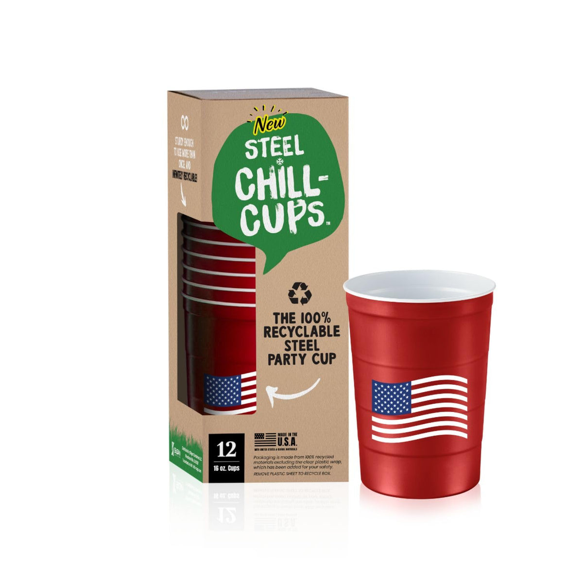 Steel Chill Cups 16 oz. Party Cups Flag Design for Cold Drinks, Sturdy and Durable, Disposable, Recyclable, Made in USA, Patriotic, Red, 12 Count