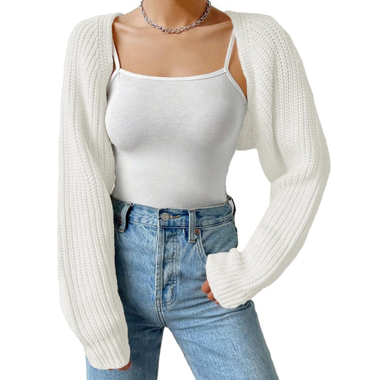 Women Open Front Ribbed Knit Crop Bolero Drop Shoulder Long Sleeve Solid Loose Fit Knitted Crop Cardigan Shrug