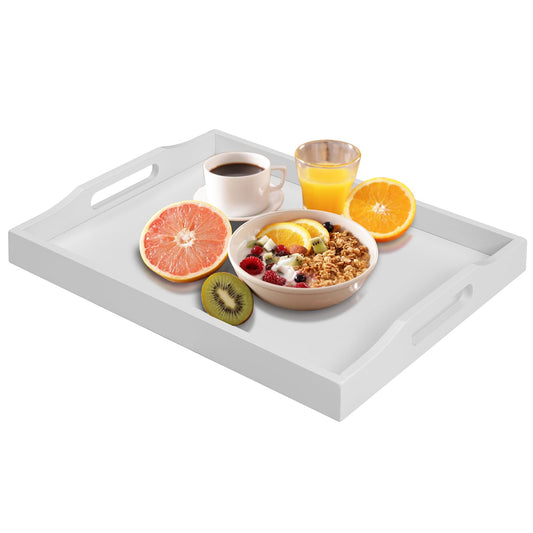 Bamboo Food Serving Tray with Handles, Breakfast Bed Tray for Tea,Snack,Dinner, Home Decorative Storage Food, Platter, Ottoman for Kitchen Counter, Bathroom, Restaurant (White)