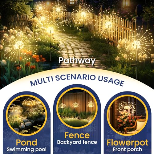 GIGALUMI 2 Pack Solar Firework Lights Outdoor, Garden Decor, Warm White