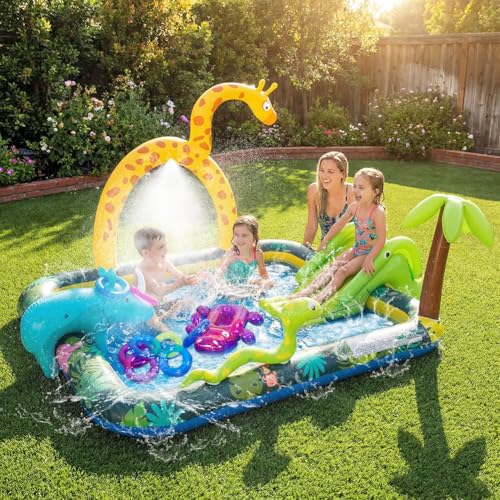 Inflatable Jungle Animal Play Center, Inflatable Water Park Kiddie Pool with Slide, Water Sprayer for Summer Outdoor Splash, Backyard and Garden 102.5" x75" x 54.5"