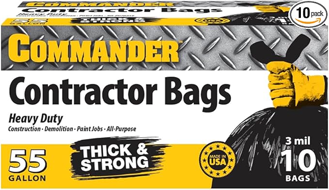 Commander 55 Gallon 3 MIL (eq) Heavy Duty Contractor Bags with Flap Ties - 36" x 56" with flaps - Pack of 10 - For Contractor, Industrial, & Outdoor