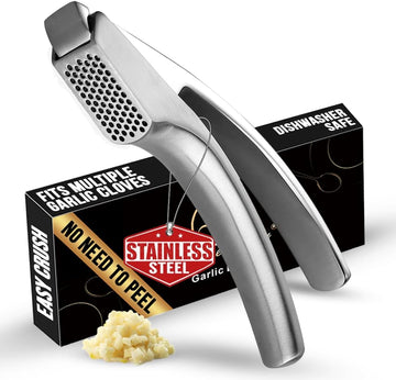 No Peeling Required Garlic Press Stainless Steel with Detachable Handle for Fine Mincing-Premium Garlic Mincer Tool, Rust-Proof, Easy to Clean