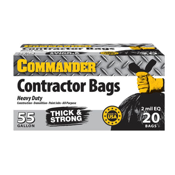 Commander 55 Gallon 2 Mil (eq) Heavy Duty Contractor Bags with Flap Ties - 36" x 56" with flaps - Pack of 20 - For Contractor, Industrial, & Outdoor