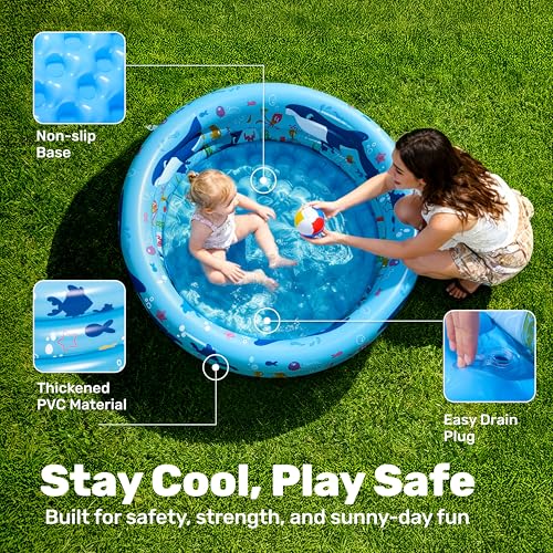 Sloosh Inflatable Kiddie Pool, 34"x10" Blow Up Kid Swimming Pool, 3 Rings Blue Baby Pool for Toddler, Play Pit for Dog with Ocean Whale Pattern for Summer Water Party Backyard Garden(Whale)