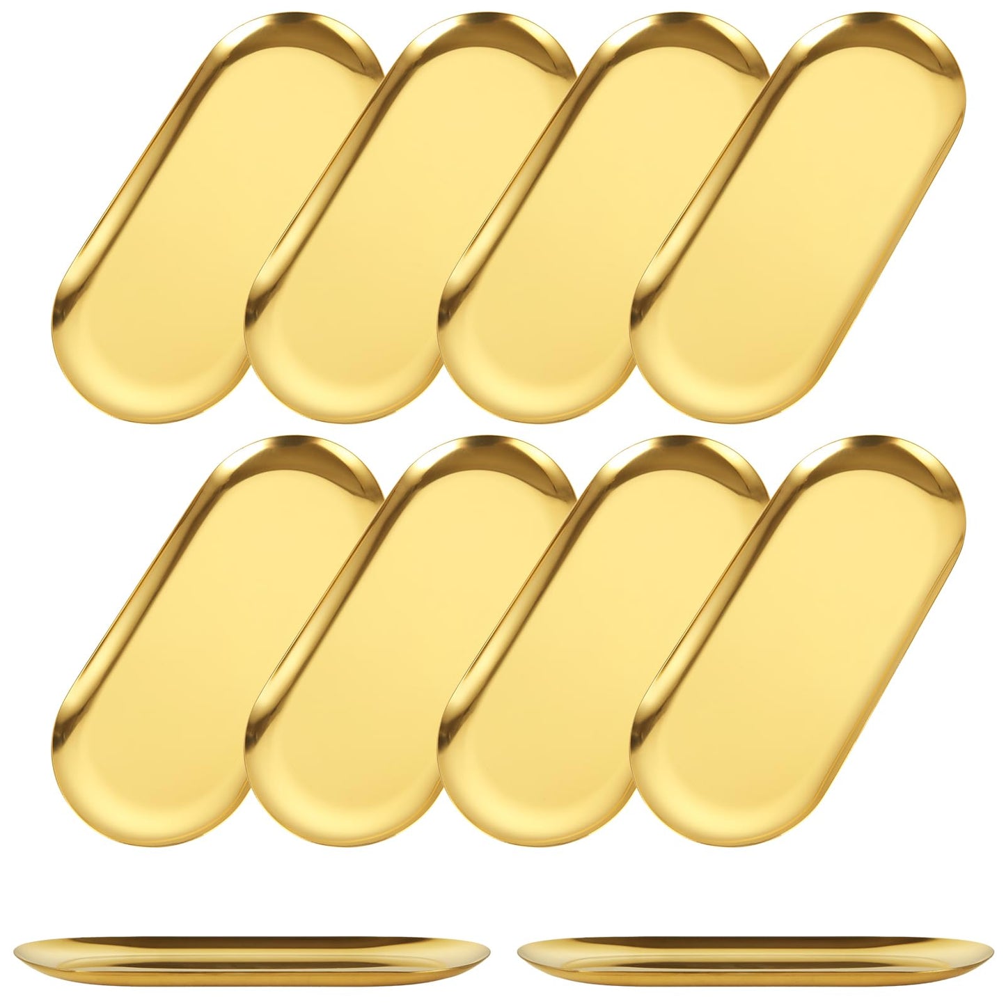 AKOLAFE 10PCS Stainless Steel Serving Tray Set Gold Platters for Serving Food Extra Small Metal Trays Decorative 7" Long Plate Oval Storage Trays Thickened Serving Dishes for Party Buffet Sushi Snack