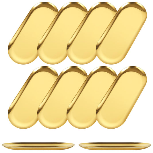 AKOLAFE 10PCS Stainless Steel Serving Tray Set Gold Platters for Serving Food Extra Small Metal Trays Decorative 7" Long Plate Oval Storage Trays Thickened Serving Dishes for Party Buffet Sushi Snack