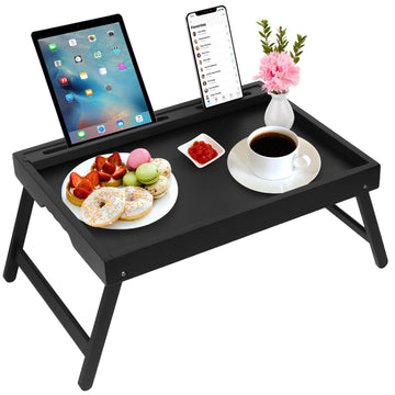 Bed Tray Table with Handles Folding Legs, Bamboo Breakfast Food Tray with Media Slot, Use As Platter, Laptop Desk, Snack
