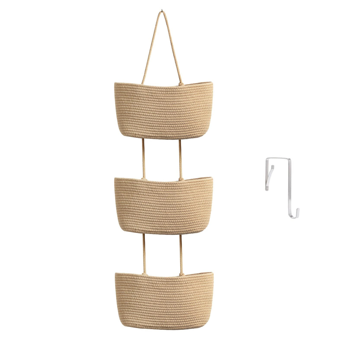 Over the Door Hanging Storage Basket 3 Tier Wall Organizer Jute Color