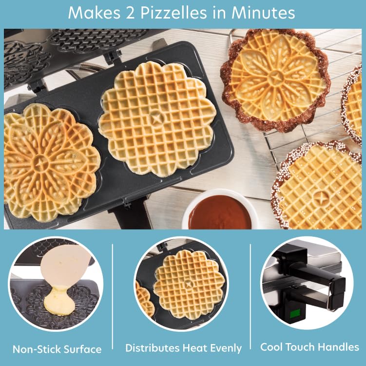Pizzelle Maker- Non-Stick Electric Baker Press Makes Two 5-Inch Cookies at Once, Even Heating Plates- Must Have Party Baking Supplies- Italian Dessert Treat Making with Recipe Guide- Gift for Her