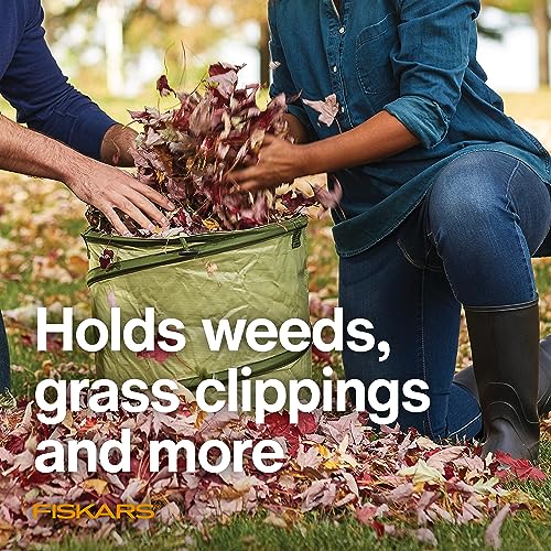 Fiskars Kangaroo Collapsible Spring Up Garden Bag for Yard Waste, Grass, Branches & Weeds, Tear & Mildew Resistant Vinyl-Coated Polyester, Folds Flat to 3 Inches for Space-Saving Storage, 30 Gallon