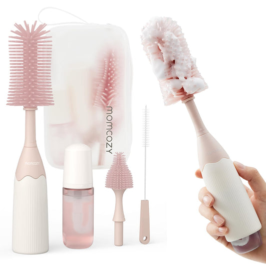 Momcozy Bottle Brush Kit with Push-Press Foam Design - Newborn Essentials Gift, Portable Cleaning Tool for Home & Travel, Baby Bottle Cleaner Brush for Breast Pumps & Nipples, Pink