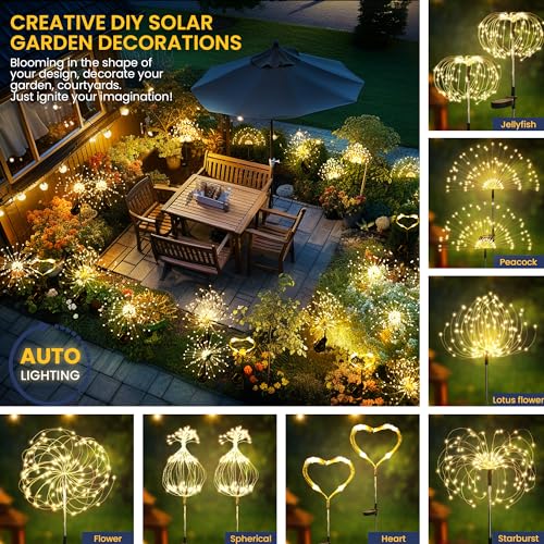 GIGALUMI 2 Pack Solar Firework Lights Outdoor, Garden Decor, Warm White